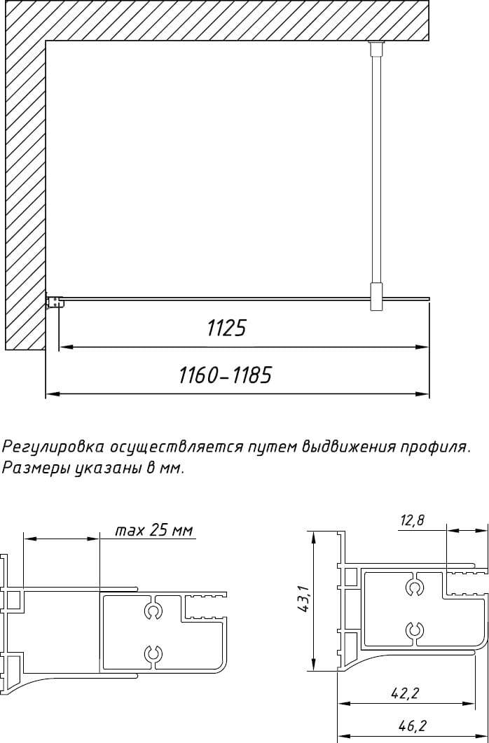 Схема душевая перегородка Vegas Glass EAF 116 05 01 профиль бронза, стекло прозрачное
