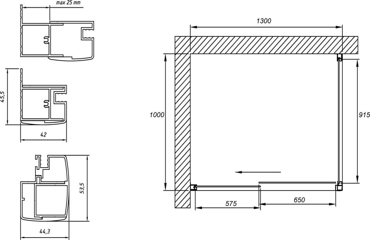 Схема душевой уголок Vegas Glass ZP+ZPV TUR NOVO 130*100 08 01 профиль глянцевый хром, стекло прозрачное