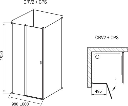 Схема душевой уголок Ravak CRV2-100+CPS-80 Transparent, профиль белый 1QVA0100Z1