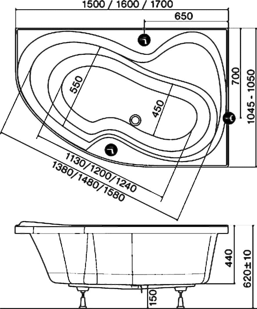 Схема акриловая ванна Ravak Rosa II R 150x105, с ножками CJ21000000