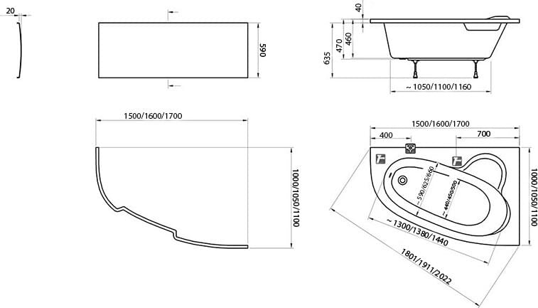 Схема акриловая ванна Ravak Asymmetric 150x100 L с ножками