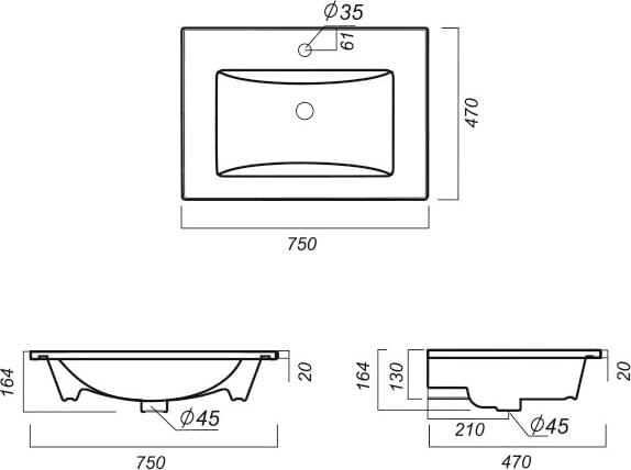 Схема тумба с раковиной Raval Frame 75 дуб трюфель, подвесная Fra.01.75/P/DT