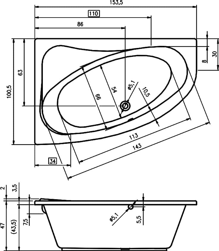 Схема акриловая ванна Riho Lyra 150x100 R BA6700500000000