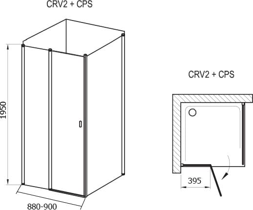 Схема душевой уголок Ravak CRV2-90+CPS-80 Transparent, профиль сатин 1QV70U00Z1
