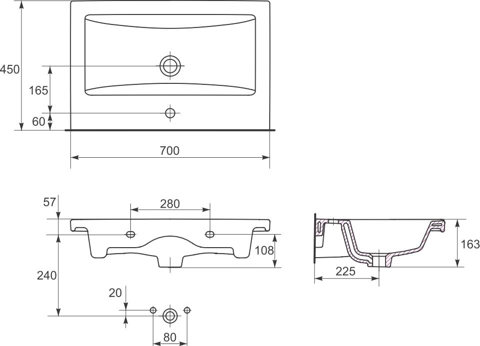 Схема тумба с раковиной Marka One Mix 70П с 2 ящиками, белый глянец, ручки рейлинг