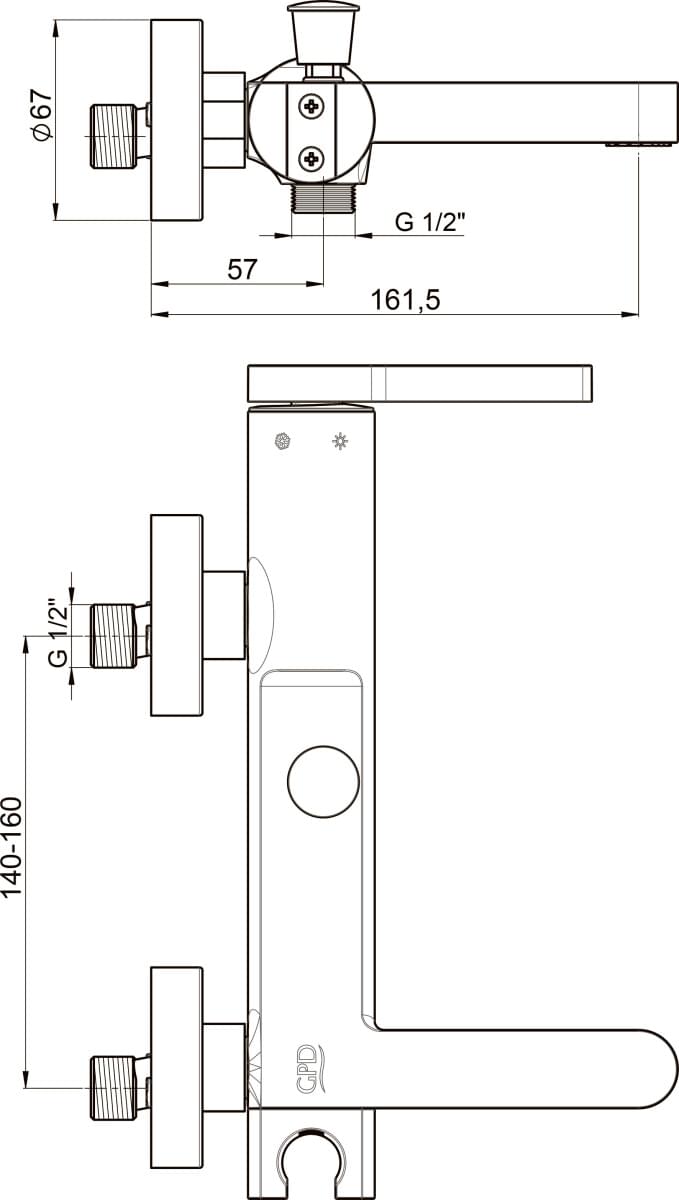 Схема смеситель GPD Gildo MBB165-S-R для ванны с душем, черный, розовое золото