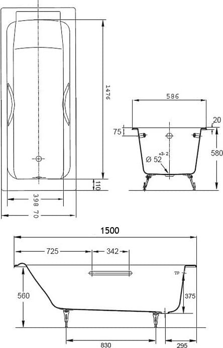 Схема чугунная ванна Jacob Delafon Parallel 150x70, с ручками E2949-00