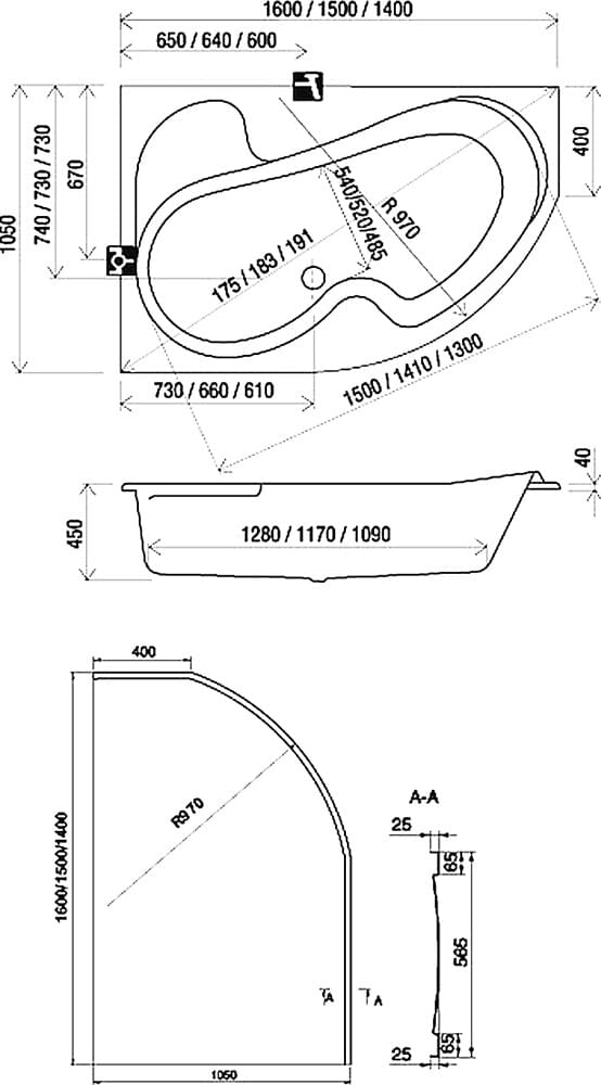 Схема акриловая ванна Ravak Rosa I 150x105 R с ножками CJ01000000