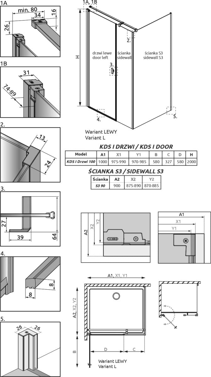 Схема душевой уголок Radaway Nes KDS I 100x90 L