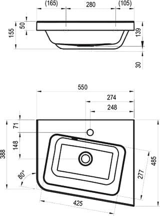 Схема тумба с раковиной Ravak SD 10° 55 белая R