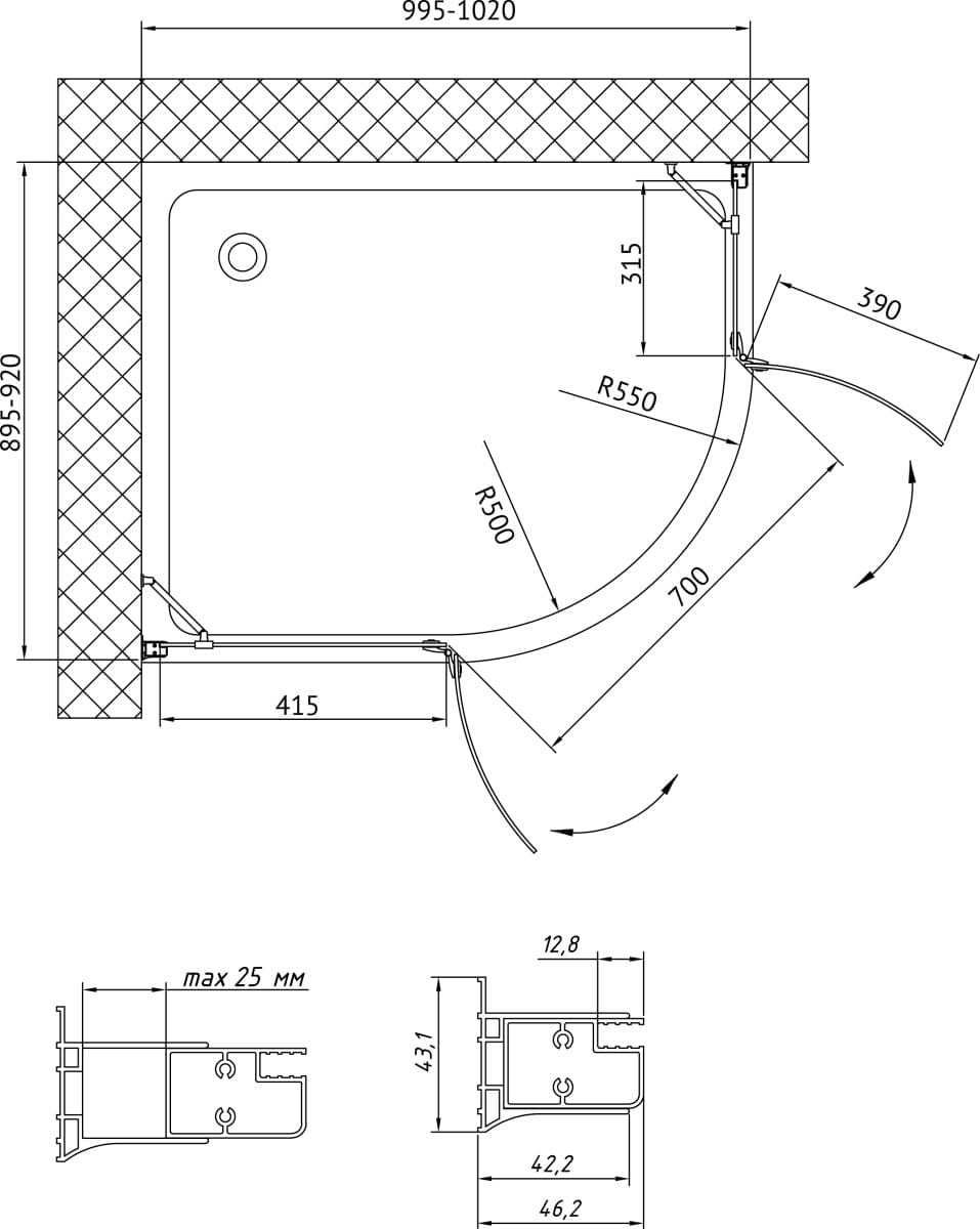 Схема душевой уголок Vegas Glass AFS-F 100*90 08 01 L профиль глянцевый хром, стекло прозрачное