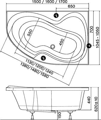 Схема акриловая ванна Ravak Rosa II L 170x105, с ножками C221000000