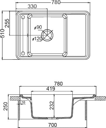 Схема мойка кухонная AQUATON Беллис 78 графит 1A725032BS210