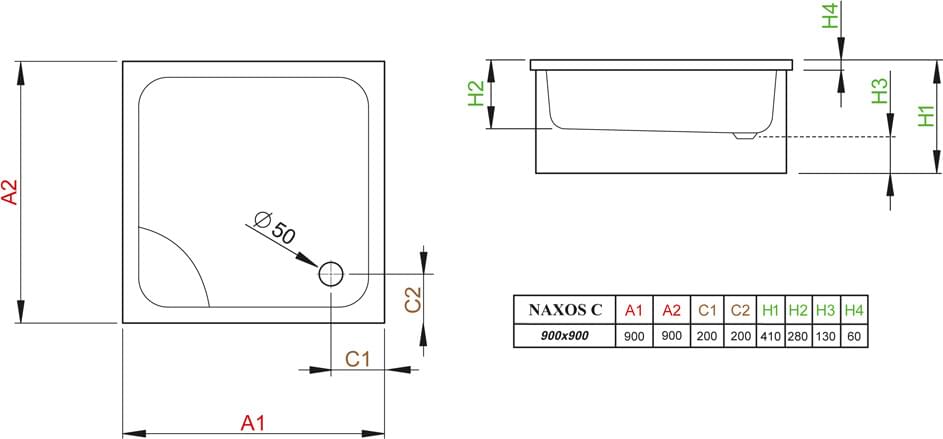 Схема поддон для душа Radaway Naxos C900 под отделку плиткой SNC9941-28