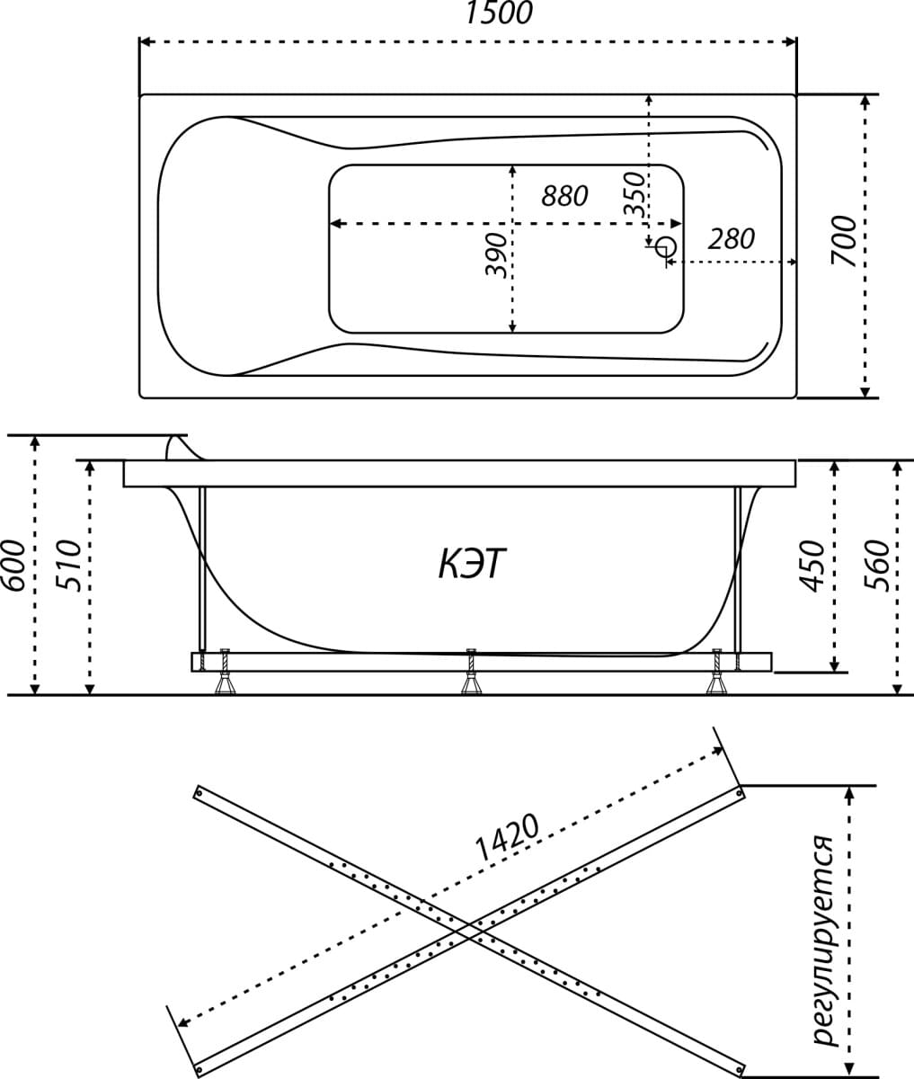 Схема акриловая ванна Triton Кэт Экстра 150x70