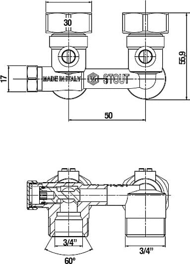 Схема узел нижнего подключения Stout SVH 0003 3/4", угловой SVH 0003 000020