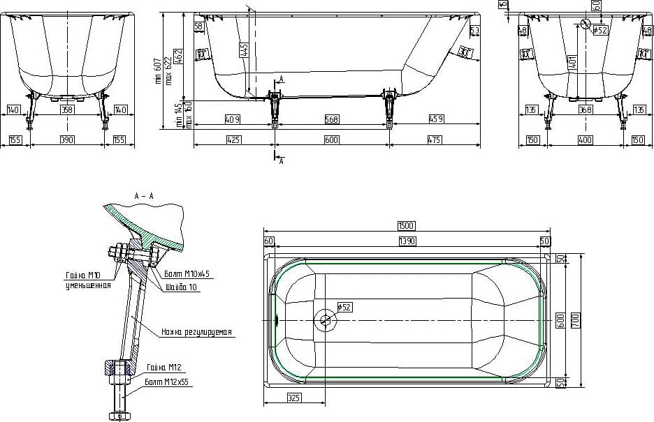 Схема чугунная ванна Wotte Start 1500x700UR 150x70 с ручками + ножки