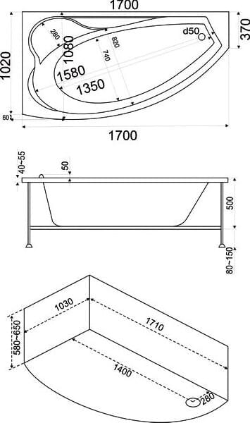 Схема акриловая ванна Bas Николь Вн БасВГ37 170x110 L с г/м