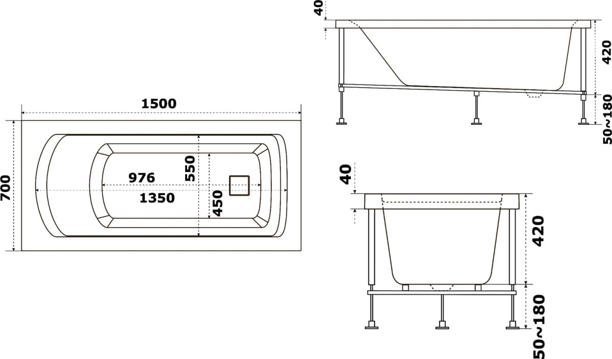 Схема акриловая ванна Bas Аякс В00127 150x70