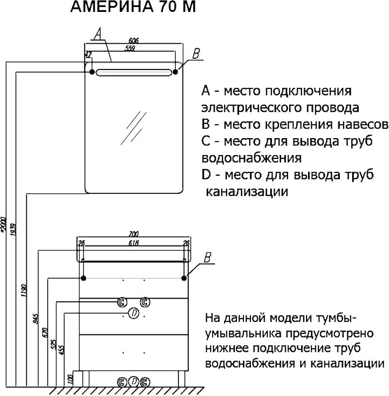 Схема тумба с раковиной AQUATON Америна М 70 белая