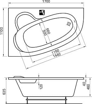 Схема акриловая ванна Ravak Asymmetric 170x110 L с ножками