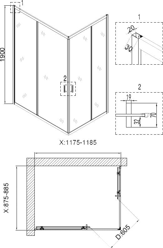 Схема душевой уголок Niagara Nova NG-6611-08 120x90, прямоугольный