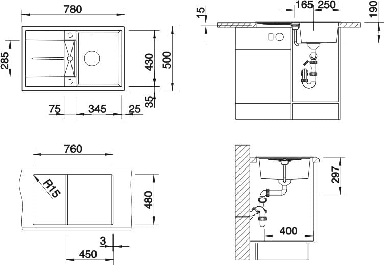 Схема мойка кухонная Blanco Metra 45S 513029 жасмин