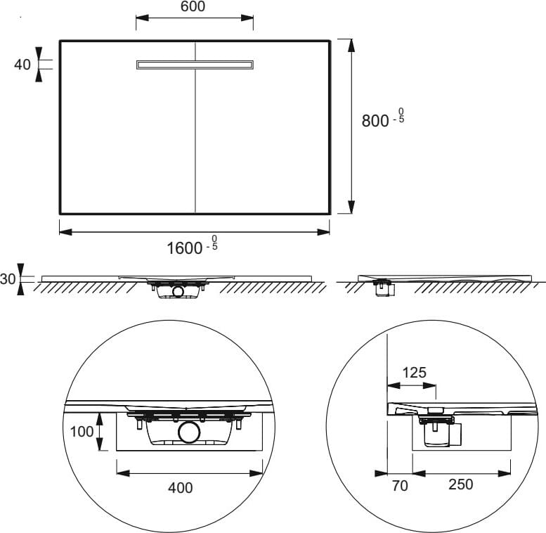 Схема поддон для душа Jacob Delafon Surface 160х80 с сифоном