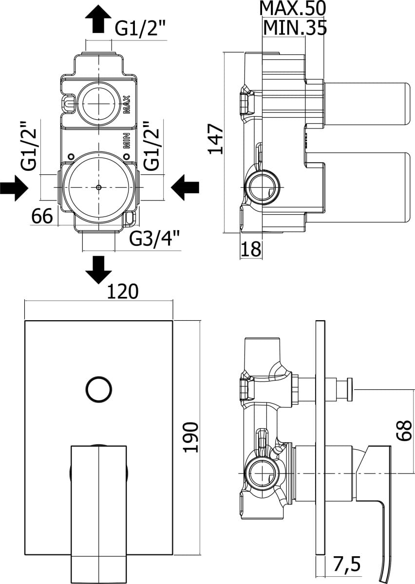 Схема смеситель Paffoni Elle EL015NO/M С ВНУТРЕННЕЙ ЧАСТЬЮ, для ванны с душем