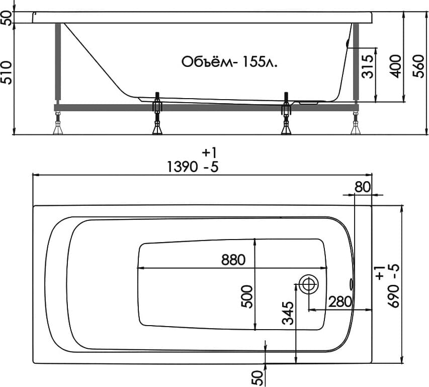 Схема акриловая ванна 1ACReal Стандарт Гамма 140x70 BBA-GA147X0-00U