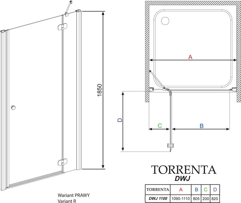 Схема душевая дверь в нишу Radaway Torrenta DWJ 110 прозрачное стекло R 32040-01-01N