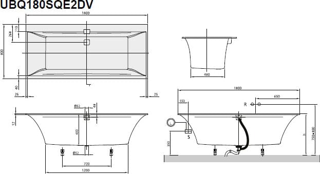 Схема акриловая ванна Villeroy &amp; Boch Squaro Edge 12 UBQ180SQE2DV-01 180x80 alpin