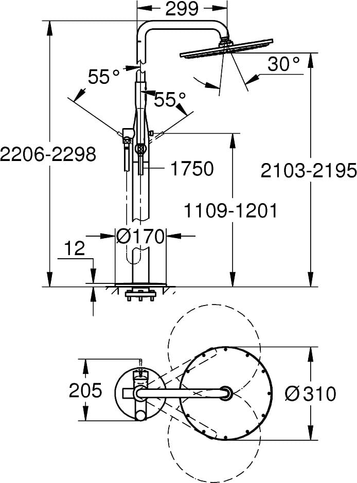 Схема душевая стойка Grohe Essence New 23741DC1 напольная, суперсталь