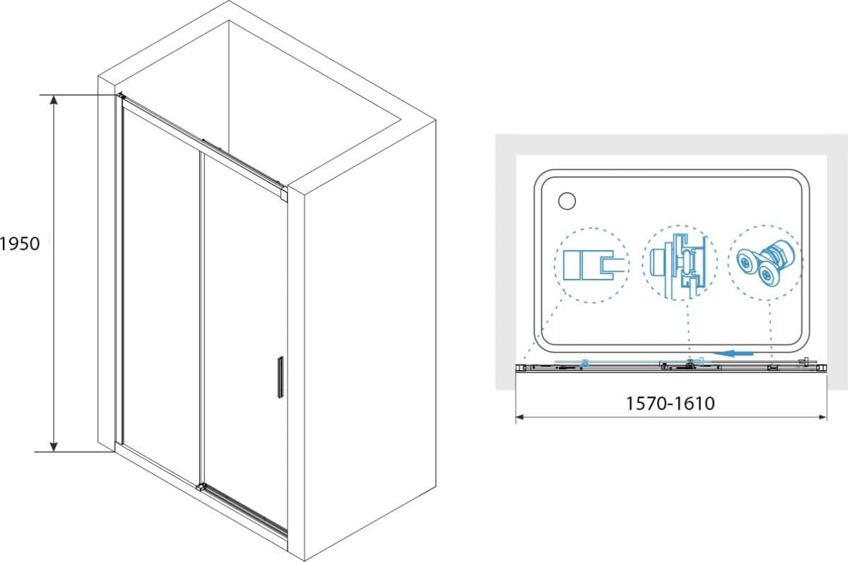 Схема душевая дверь в нишу RGW Leipzig LE-12B 160 см профиль черный 34121216-14