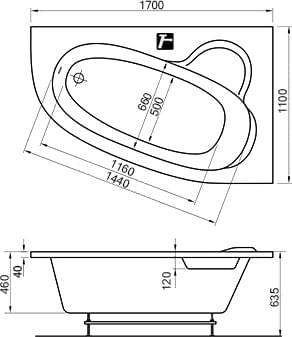 Схема акриловая ванна Ravak Asymmetric 170x110 R с ножками C491000000