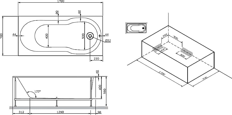 Схема акриловая ванна AM.PM X-Joy W88A-170-070W-A
